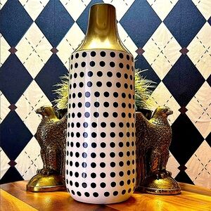 Black, White & Gold Polka Dot Ceramic Vase - Gold Neck – 12” Modern Classic